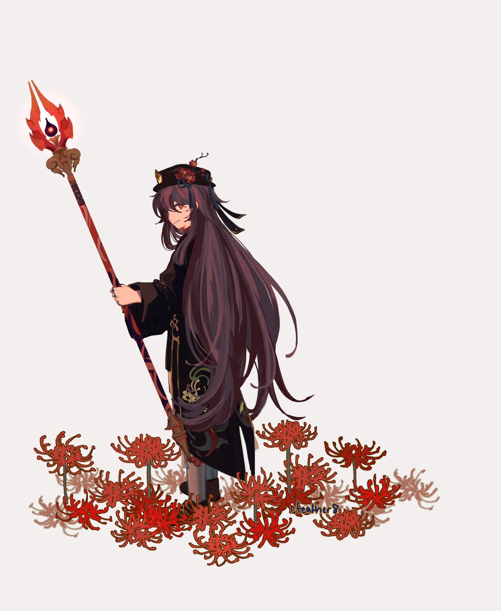 hu tao (genshin impact) 1girl long hair flower weapon solo hat holding  illustration images