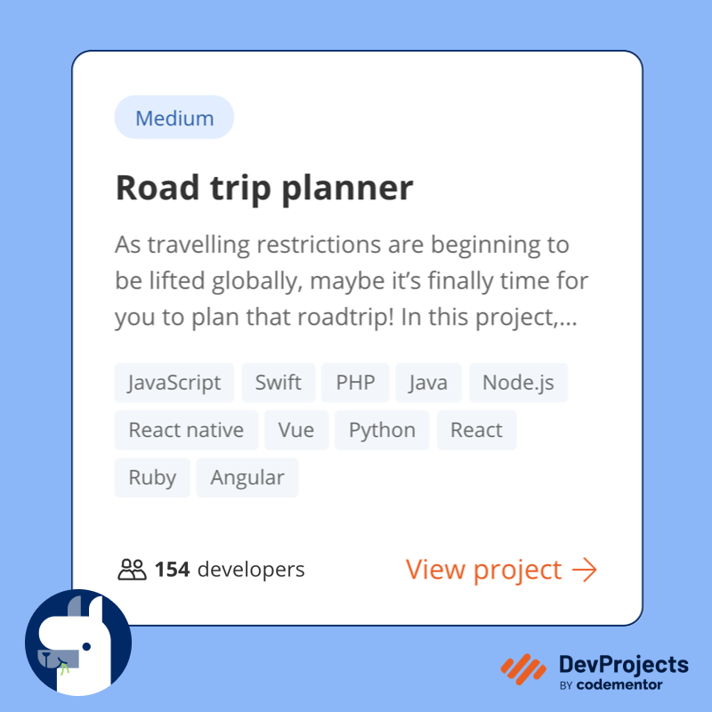 CodementorIO's tweet image. Prepare for your next #roadtrip by building this road trip planner 🏞️
You'll also upskill on working with mapping APIs and and displaying mapping 🗺 and locational 📍information
#DevProjects #100DaysOfCode #JavaScript #Python #LearnToCode
codementor.io/projects/web/r…