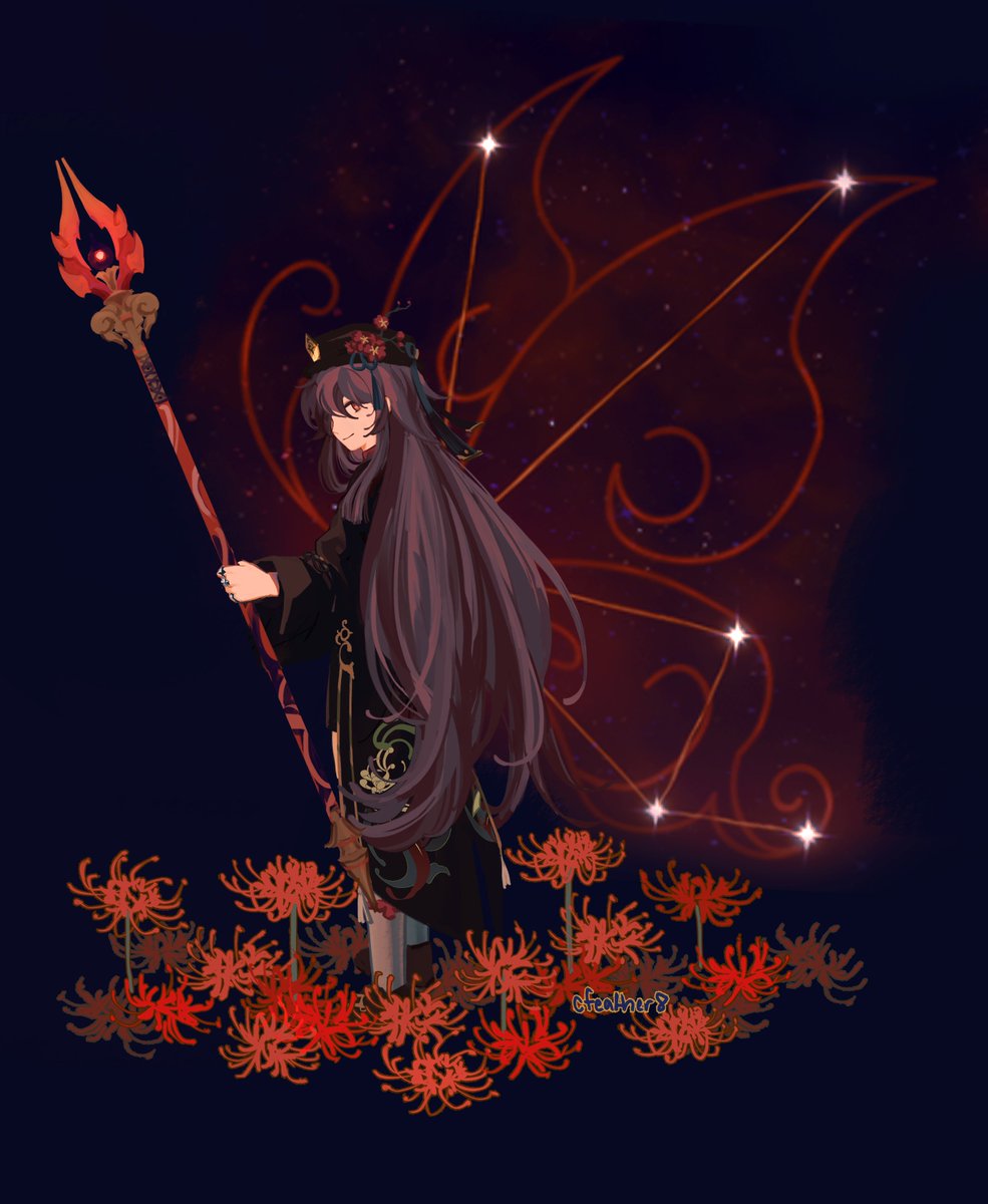 hu tao (genshin impact) 1girl long hair flower weapon solo hat holding  illustration images