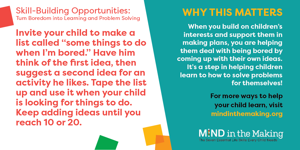 MITMNews's tweet photo. Turn Boredom into Learning! As #COVID19 continues, children may complain of being bored. Here’s an activity and a tip sheet to help build your child’s interests and support him making plans and coming up with his own ideas. https://t.co/J6vBpxZKXS &amp; "The Anti-Bored List" https://t.co/x6rpVpemng