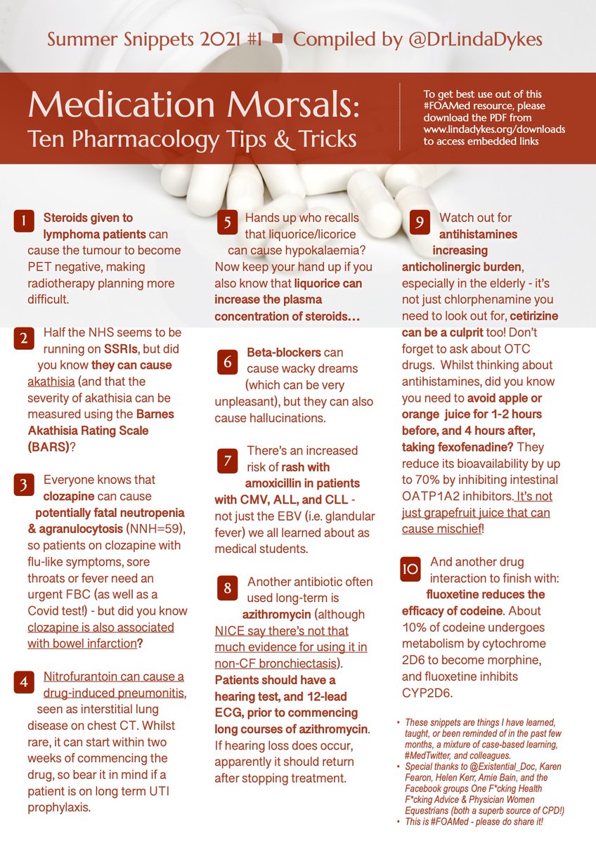 I haven't done one of these #FOAMed snippets for a while... 10 Pharmacology Tips &amp; Tricks - how many did you already know? 

Download the PDF to access the embedded links, and enjoy an hour's almost-effortless CPD flicking through them: lindadykes.org/downloads