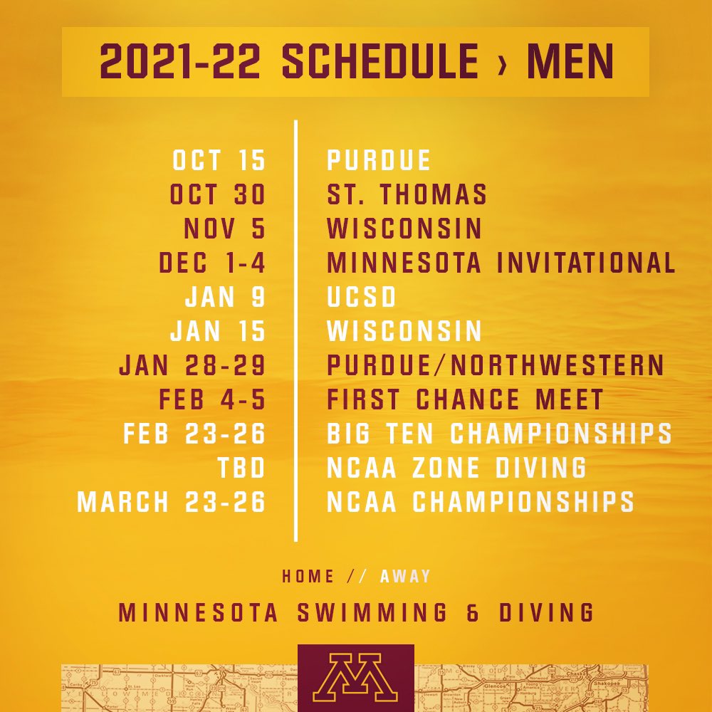 GopherSwimDive's tweet photo. โผ๏ธ 2021-22 Schedule โผ๏ธ
Another year of strong competition for the #Gophers this season!! โจ
๐ https://t.co/t7C2hTp3oi
#GoGophers // #MINNdset ใฝ๏ธ https://t.co/uDKWqljbXS