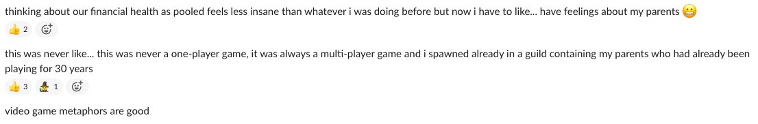 a few days later i wrote:"this was never like... this was never a one-player game, it was always a multi-player game and i spawned already in a guild containing my parents who had already been playing for 30 years"