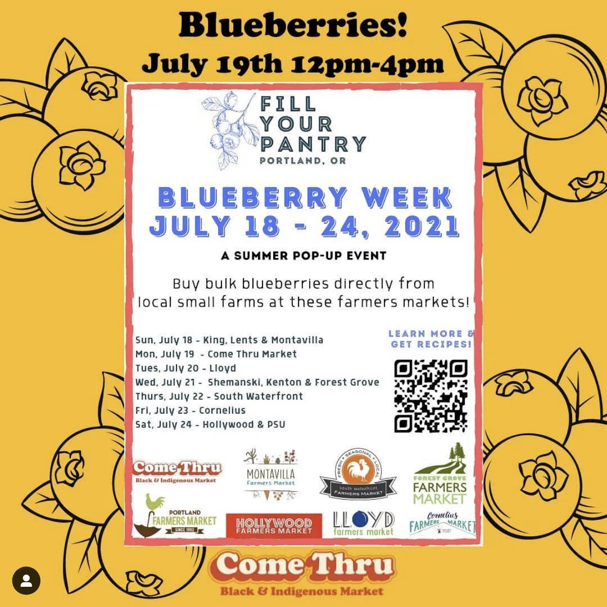Come Thru Market will be at the Redd this coming Monday, July 19 from 12-4pm! 831 SE Salmon St., Portland, OR

In addition to Black, Indigenous, and POC vendors who sell fresh produce, gifts, and hot food, Fill Your Pantry will be selling local blueberries!