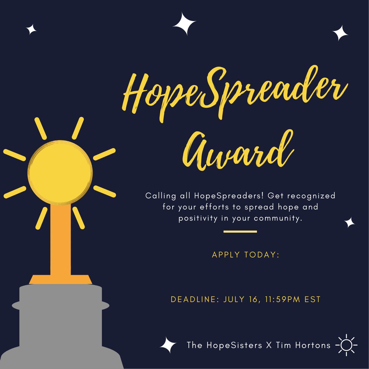 For our one year anniversary, we want to celebrate YOU! Yes YOU HopeSpreaders! 

This award is given to a few HopeSpreaders that have gone above and beyond to spread hope to their community. Nominate yourself today: forms.gle/TqPQfgFYVpeVqd…
