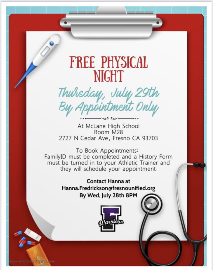 The_FHS_Daily's tweet photo. Attention athletes! Free physicals!! #thewarriorway https://t.co/voycuU7GqT