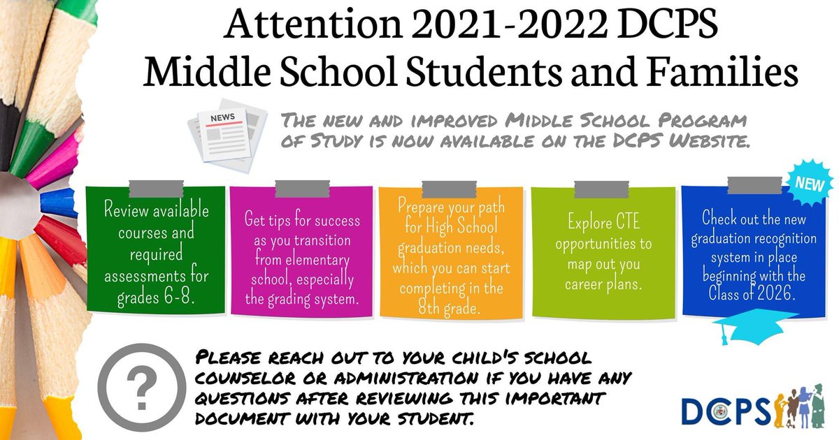 DCPS is pleased to announce the release of the 2021-2022 Middle School Program of Study, now available on the Especially for Students page of the district website: dcps.k12.md.us/especially-for…. #WeAreOneDCPS