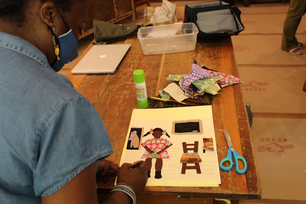 PAGEprograms's tweet photo. Teaching artist Jenny Pickens is guiding girls through a #PageLab connecting history and arts. Quilting squares blend creative work with hands and historical research.  Honoring the stories of former teachers and children at Mars Hill Anderson Rosenwald School @IreneJennyPick1 https://t.co/ZbT8cANAKE