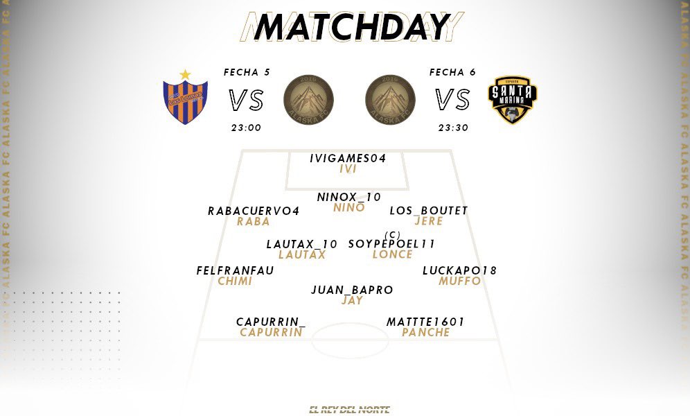 AlaskaFC_'s tweet image. 🗒| #MATCHDAY 

Con el objetivo de cerrar la semana de Liga lo más arriba posible, estos serán los 11 elegidos por el DT para las fechas de hoy. 

23:00 hs 🆚 #CSYDLasLomas  
23:30 hs 🆚 @SantaeSports1 

#ElReyDelNorte ❄️