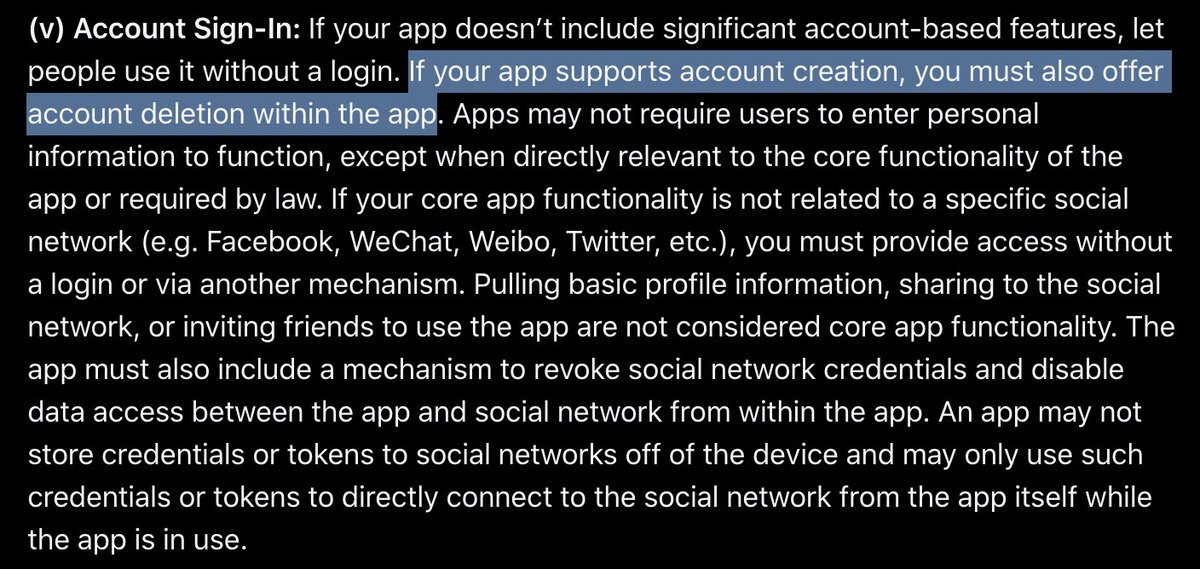 eric_seufert's tweet photo. I missed this, but apparently, Apple updated its App Store guidelines to include certain provisions around content access without having to log in, as well as a requirement to offer account deletion if account creation is supported https://t.co/WmWEBNkZLh https://t.co/cKzRhkK91n