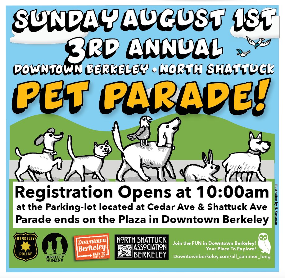 Berkeley Humane (@berkeleyhumane) on Twitter photo 📣 Join Berkeley Humane and @DowntownBerkeley <a href="/Noshaberkeley/">North Shattuck Association</a> for a family-friendly day of parading in the #BerkeleyPetParade2021 on Sunday, August 1st! 📣 Join Berkeley Humane and @DowntownBerkeley <a href="/Noshaberkeley/">North Shattuck Association</a> for a family-friendly day of parading in the #BerkeleyPetParade2021 on Sunday, August 1st!