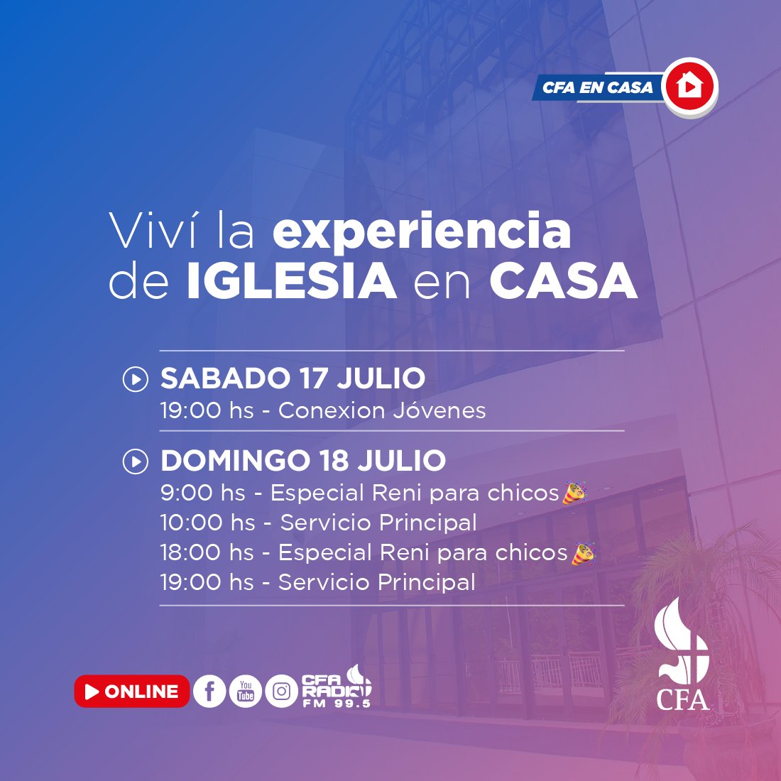 IglesiaCFA's tweet photo. ๐๐กPrepรกrate para un #FindeSemana disfrutando en la presencia del Seรฑor.
ยกRecordรก compartir el link con un amigo!
โก๏ธ https://t.co/1YMzUfpqVY
#CongregateOnline #ServicioPresencial #IglesiaCFA #CFAenCasa https://t.co/3j4BJdCNpv