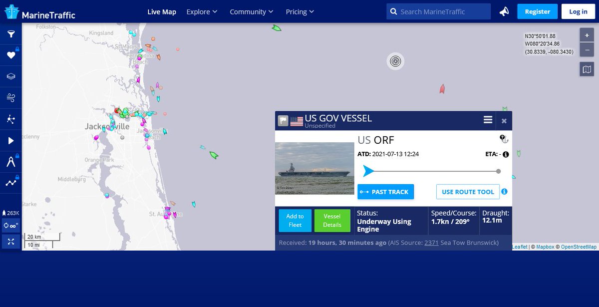 Possibly CVN74/USS John C Stennis off the coast of north Florida drifting south at the brisk pace of 1.7kts