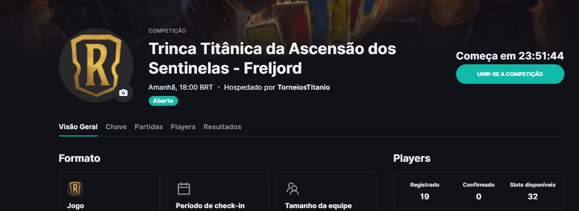 Esse passou por baixo do radar por ser apenas o modo de jogo normal com premiação aumentada. Mas também vai ter um torneio de LoR amanhã e dia 30. Premios:
1o lugar: 3.500 Moedas + Tabuleiro: Pico Glacinata
2o lugar: 3.000 Moedas
3o lugar: 2.500 Moedas 
4o lugar: 2.000 Moedas
