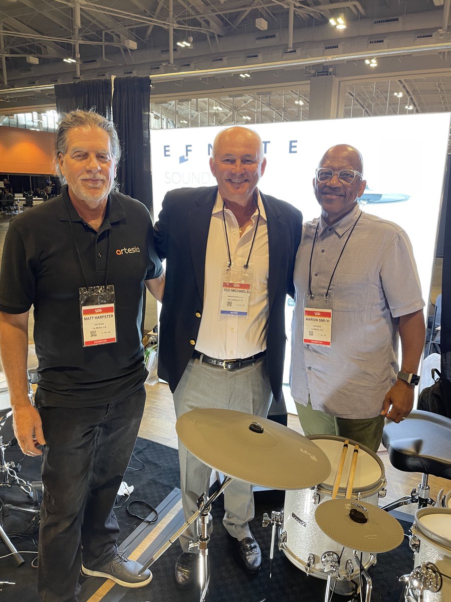 ted_michaels's tweet photo. Summer NAMM (National Association of Music Merchants) 2021 with our great partner, Matt Harpster, CEO of Artesia Pro, and legendary drummer, Aaron Smith https://t.co/N2u6fQsDcx