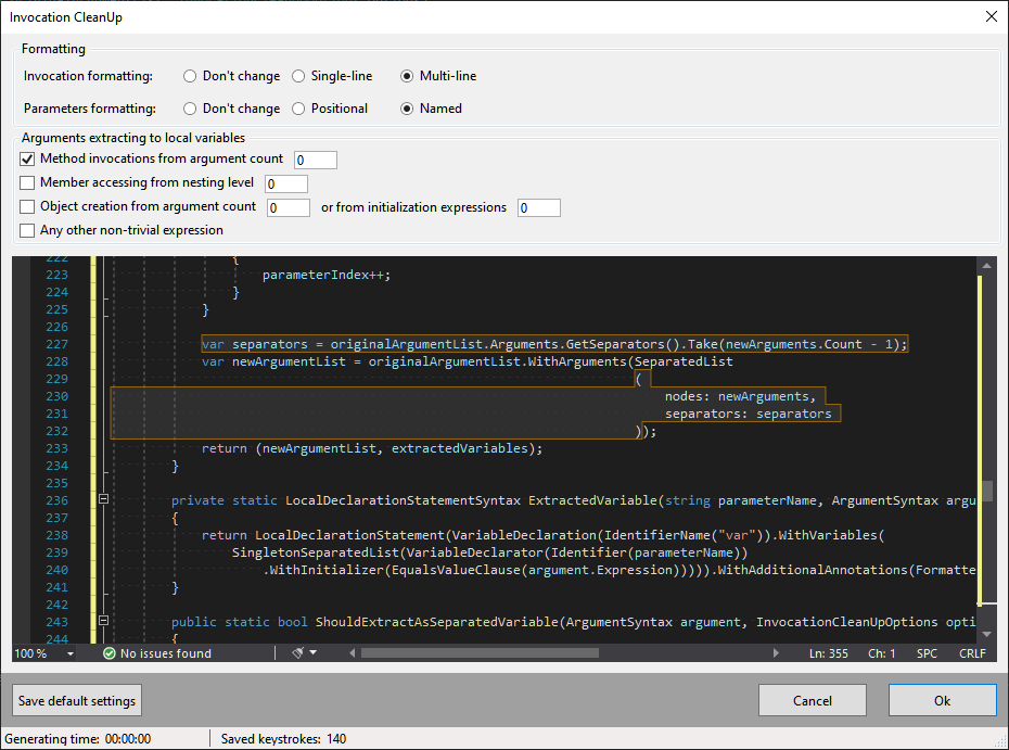MappingGen's tweet image. The next version of #MappingGenerator will provide a tool for cleaning up method invocations:
✨ Reformat as single or multi-line
✨ Add/remove argument names
✨ Extract complex arguments as variables
What do you think?
#dotnet #dotnetcore #visualstudio #vs #vsix