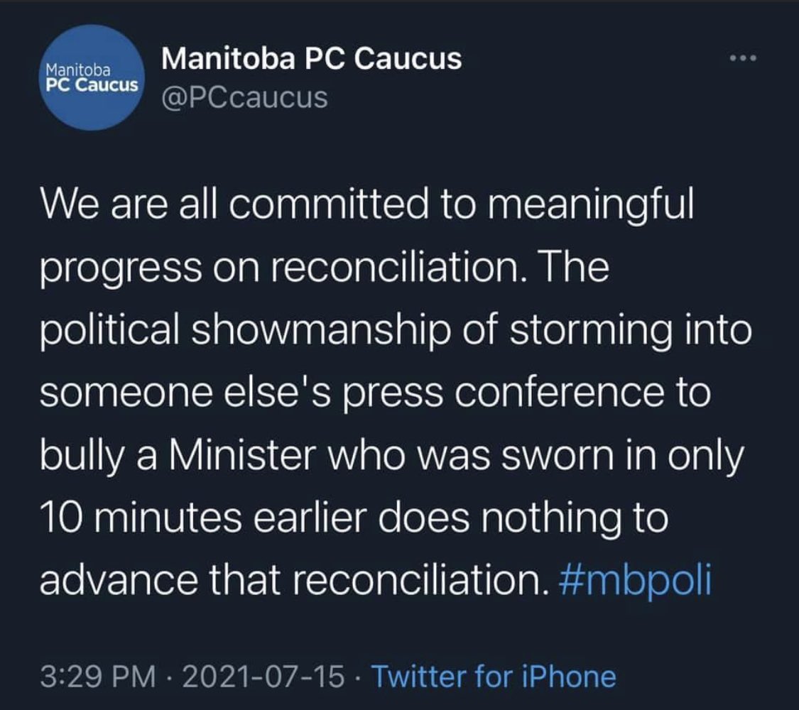 DaveAlexRoberts's tweet photo. Since the @PCcaucus deleted this tweet quick they should know that nothing is ever deleted. 

Check the racism. Yes, calling an honorary TRC witness a bully for shutting down ignorant comments supporting residential schools is racism (and does nothing to advance reconciliation). https://t.co/C0lejgQm7T
