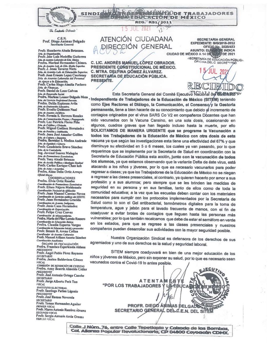 sitemcen's tweet photo. El C.E.N. del SITEM a través del Srio Gral el Profr. Diego Animas, fijo la postura  acerca del regreso a clases y solicita se aplique otra dosis de la Vacuna Cansino a los trabajadores de la educación

 @lopezobrador_ @SEP_mx @delfinagomeza @SSalud_mx
@HLGatell
@adan_augusto https://t.co/xavb4NIuDC