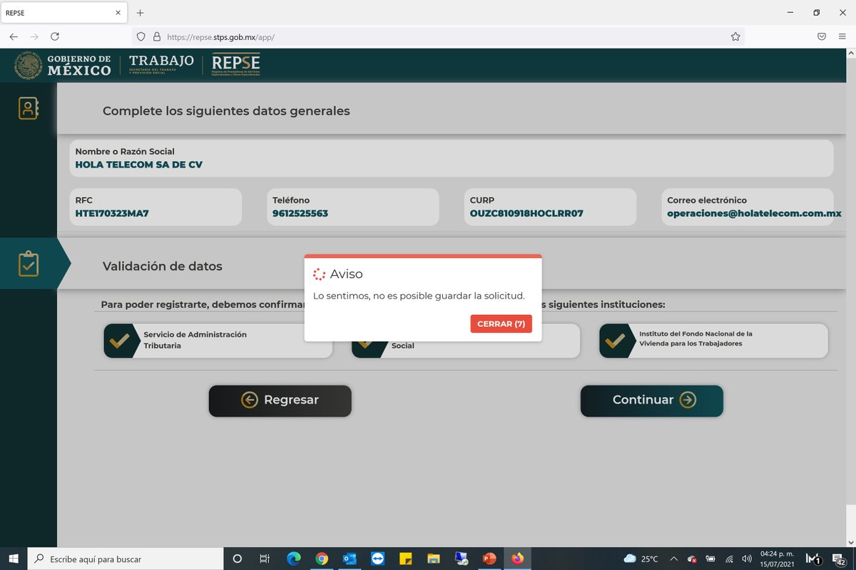 Sfumatux's tweet photo. Que debo hacer con este error, su portal no me permite registrarme....me urge!!! @GobiernoMX @STPS_mx https://t.co/Jteu5ccnf1