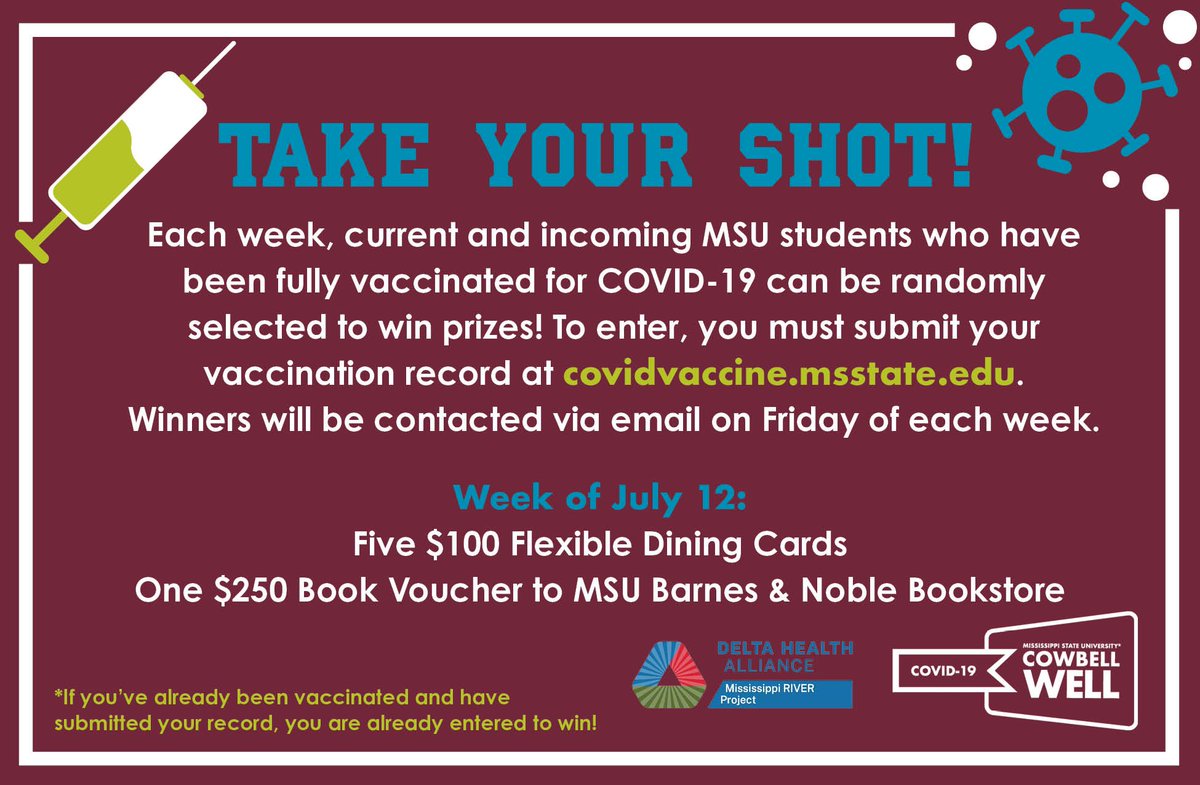Regina Hyatt (@drreginahyatt) on Twitter photo One more reminder for our students - get your COVID vaccine records submitted tonight to be eligible for tomorrow’s drawings! 5 <a href="/msstatedining/">MS State Dining</a> $100 flex dollars & 1 $250 <a href="/BNatMSState/">Mississippi State Bookstore</a> book voucher! Visit covidvaccine.msstate.edu to submit. #VaxUpMS #CowbellWell #HailState One more reminder for our students - get your COVID vaccine records submitted tonight to be eligible for tomorrow’s drawings! 5 <a href="/msstatedining/">MS State Dining</a> $100 flex dollars & 1 $250 <a href="/BNatMSState/">Mississippi State Bookstore</a> book voucher! Visit covidvaccine.msstate.edu to submit. #VaxUpMS #CowbellWell #HailState