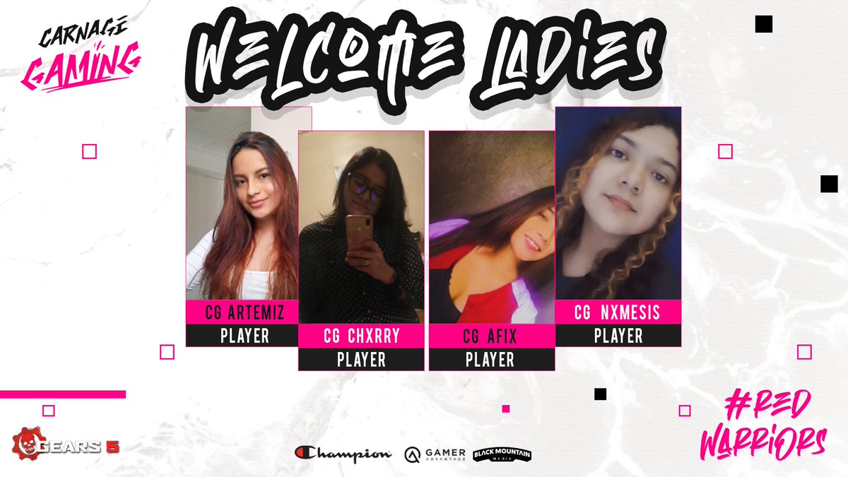 ⚙️ Regresamos! 
The #RedWarriors are back! Es un placer Anunciar a nuestro nuevo roster de #GearsEsports Femenino. 

Bienvenidas 
🟣 @Artemisplay 
⚪️ <a href="/Chxrry1501/">𝙲𝙷𝚇𝚁𝚁𝚈 𝙼✨🍒</a> 
🟣 <a href="/Aaffiixx_17/">𝑨𝒇𝒊𝒙𝑭𝒍𝒂𝒌𝒌㋛ ⋆</a> 
⚪️ @graz_305 

Bienvenidas a nuestra Familia! #RedAlert #Gears5 #RedAmazons