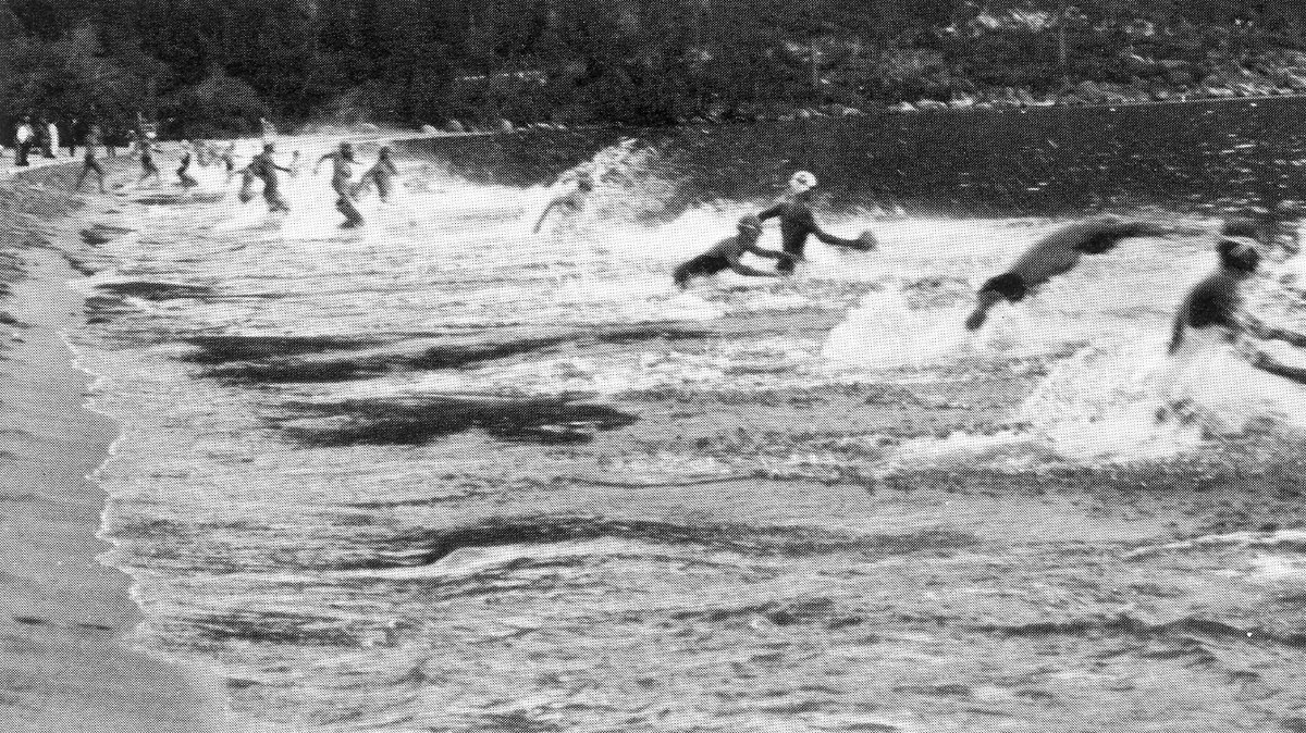 This weekend the Club's rough water swimmers are back in action for our annual #TransTahoeRelay 🏊‍♀️ This #TBT from the archives shows swimmers entering the water in 1984 - that year, they faced 25 mph winds and three-foot waves as they crossed the lake! #OlympicClub #OChistory