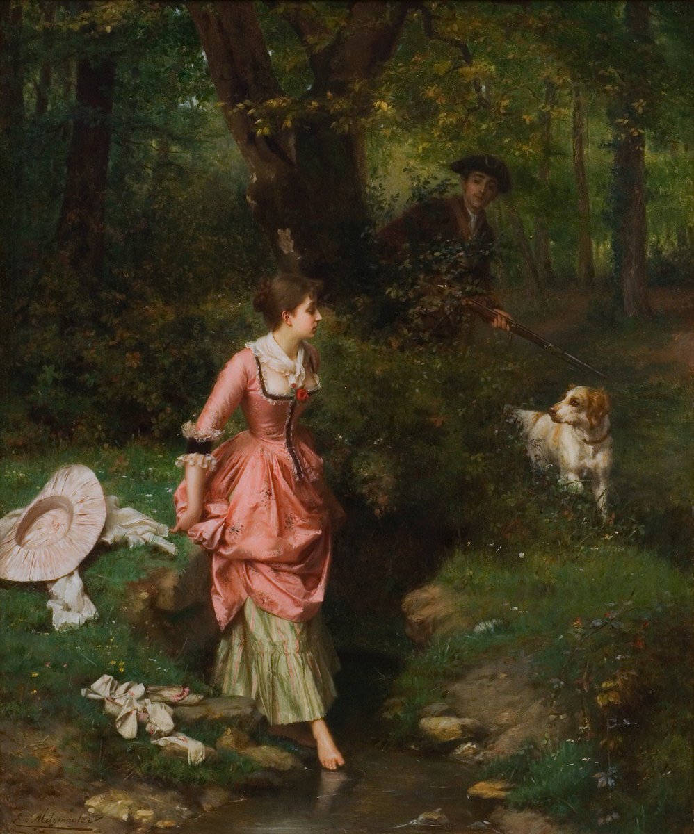 “Una dama en el bosque” es una pintura del artista francés Émile Pierre Metzmacher (1815-1890). Pintor especializado en escenas de género y retrato.