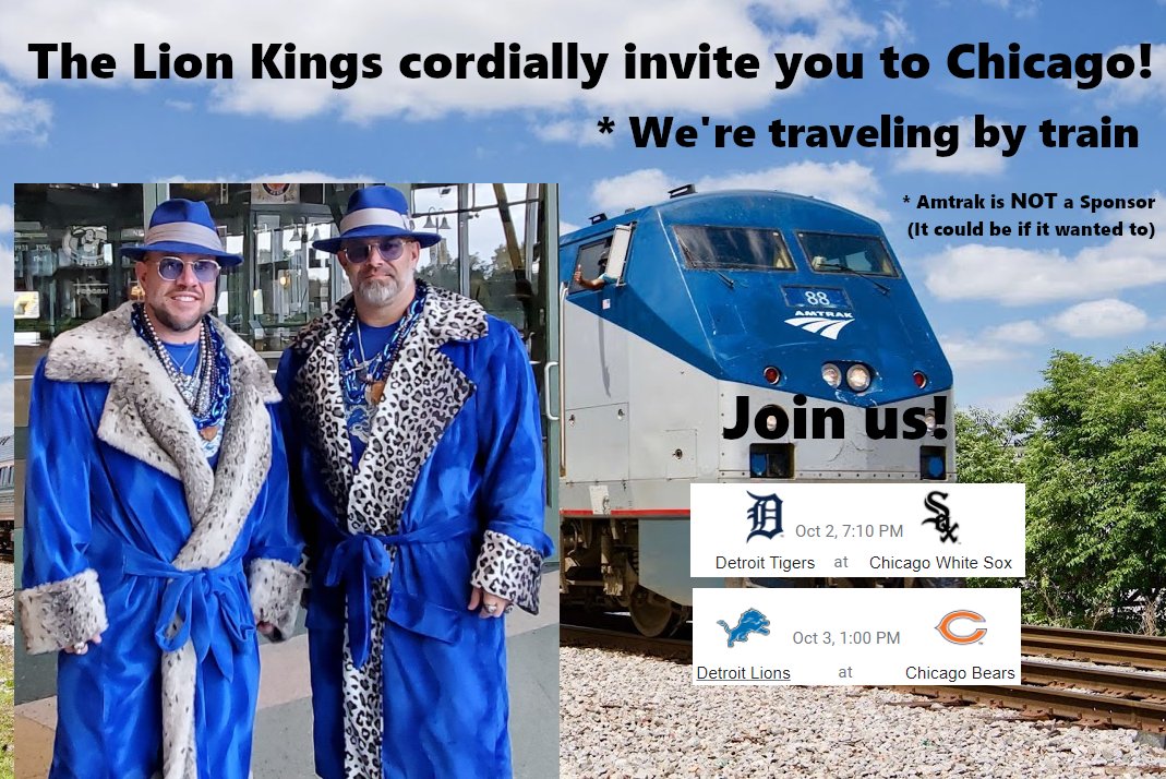 Det_Lion_Kings's tweet photo. The Lion Kings are going to Chicago! This will be a weekend celebration with the Lion Kings visiting the Windy City, Guaranteed Rate Field, and Soldier Field. #OnePride @Lions @tigers https://t.co/9eb8g0GWGV