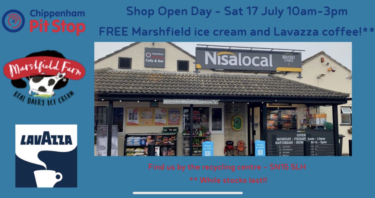 🔊 Fancy a free @LavazzaUK ☕️ or @MarshfieldIces 🍦 this Saturday?!

🙌🏻 Then head down to #ChippenhamPitStop’s - one of our club sponsors - open day! 

🙏🏻 They are great supporters of us as a club so please support them if you can