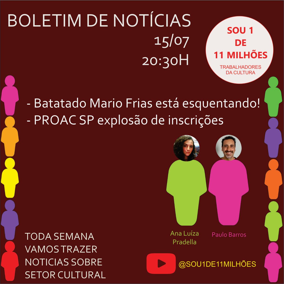 1_milhoes's tweet photo. Daqui a pouco as 20:30h pelo nosso canal do YouTube @sou1de11milhoes !! 
Vocês não perdem por esperar! 
#sou1de11milhoes #setorcultural #humor #noticias #vamosfalardecultura #leisdeincentivoacultura  #artesvisuais #editais #movimentocultural #arteecultura  #boletimdenoticias https://t.co/gdjLMfQ19o