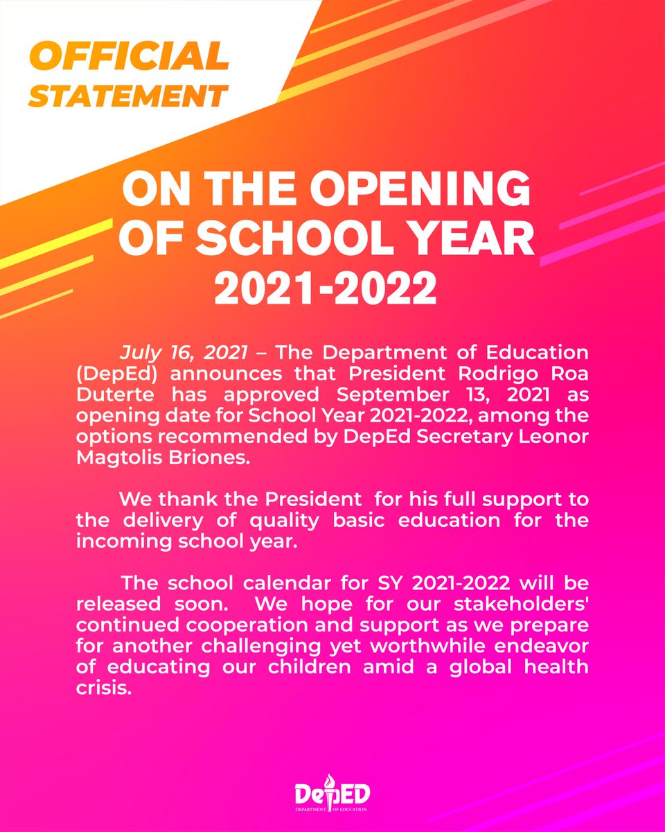 ABSCBNNews's tweet photo. JUST IN: Pres. Duterte has approved September 13, 2021 as the school opening date for school year 2021-2022, DepEd confirms. | via @arraperezDZMM https://t.co/cP5F10mqPj