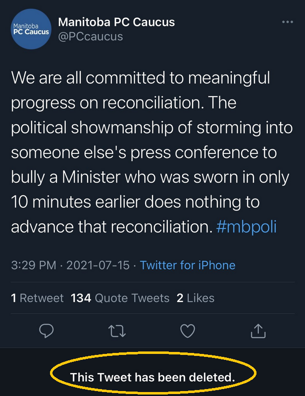 We are not even a little bit committed to reconciliation. We are racist colonisers &amp; always have been. Robber barons one &amp; all, we are dedicated to stealing every dime out of this economy &amp; don't care who gets hurt along the way. We are unfit to lead. We are <a href="/PCcaucus/">Go follow @mbpccaucus</a> 
#mbpoli