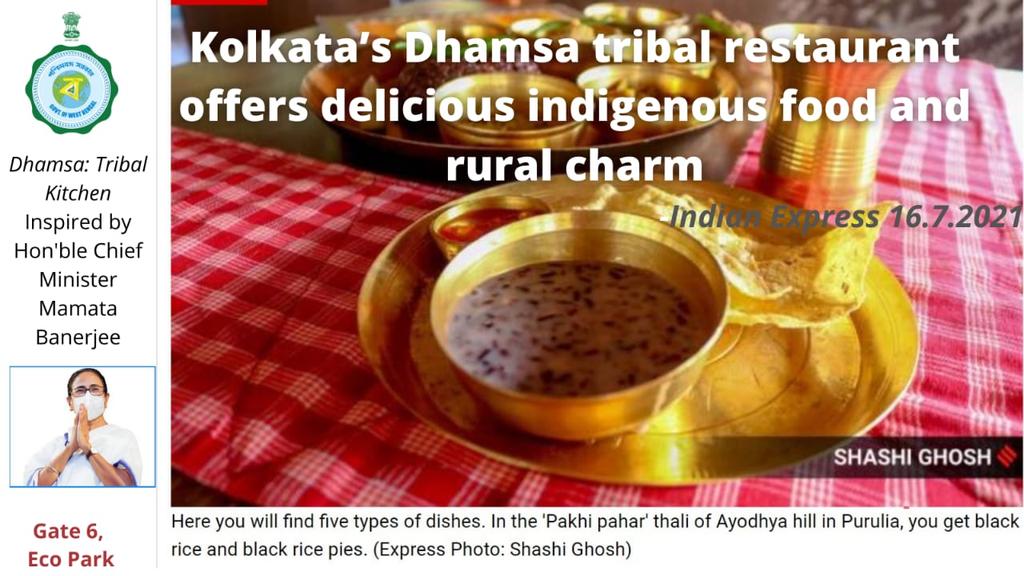 Narayan32190823's tweet photo. Dhamsa: Tribal Kitchen. '@Eco Park. Limited seats. Arrive early to avoid disappointment.  12-8pm. Except Mondays. #GovtOfWestBengalInitiative https://t.co/C1uwjsweoV