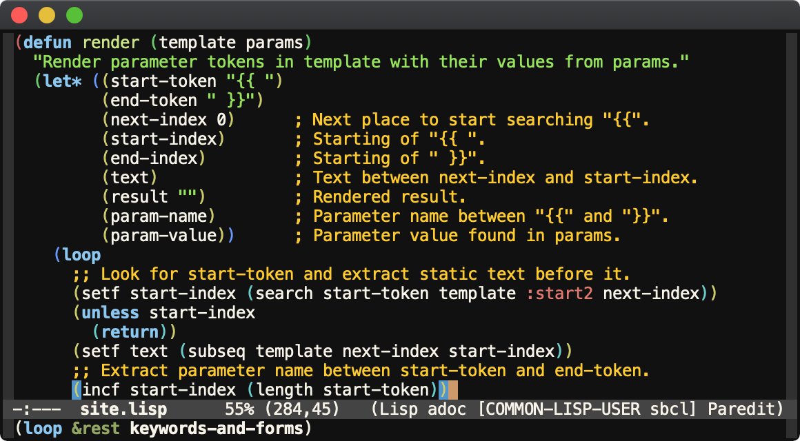 susam's tweet image. My choice of colour for syntax-highlighting comments: #fc0 (tangerine yellow). It goes well with dark background.

I especially dislike dim colours that underemphasize comments. I like them brightly-coloured!

What is your favourite colour for comments? 

#programming #lisp