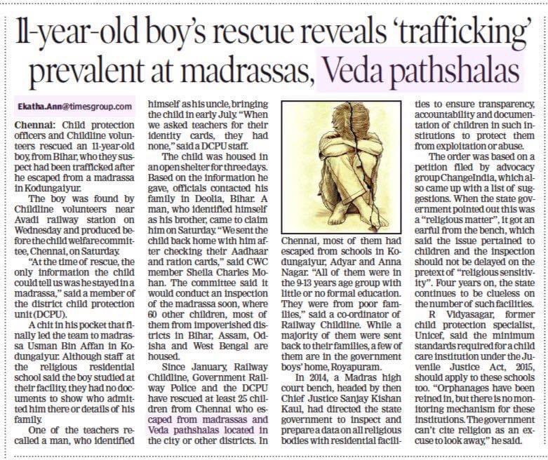 ShefVaidya's tweet photo. Remember this news report by @timesofindia? The news was abt a 11 year old kid rescued from a Madarsa. No Veda Pathsala has been EVER found guilty of any such crime, but the reporter ‘Ektha Anne’ added ‘Veda Pathsala’ to the headline just to deflect the blame from the Madarsas! https://t.co/IzxZAkx1JT