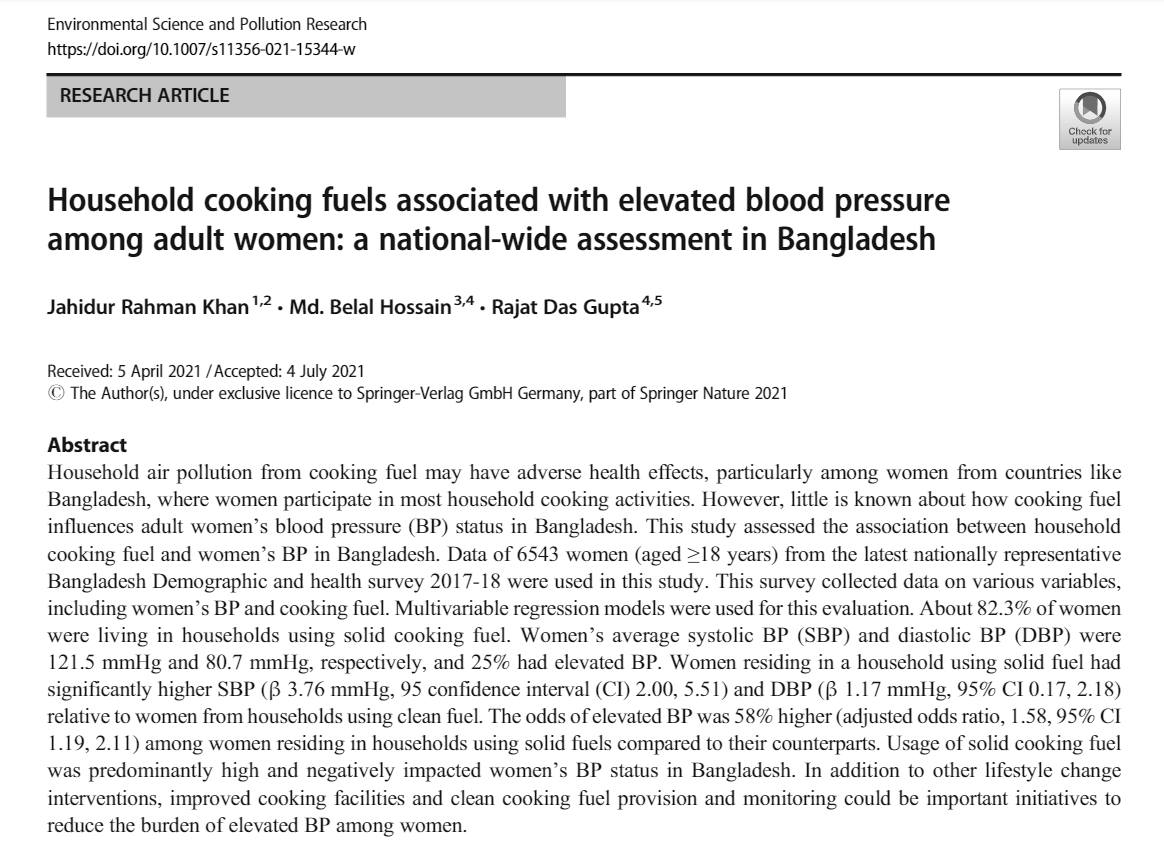 New article with @khan_jrk and @RajatDasGupta11. Moving from solid fuels to clean fuels can reduce the risk of hypertension. doi.org/10.1007/s11356…