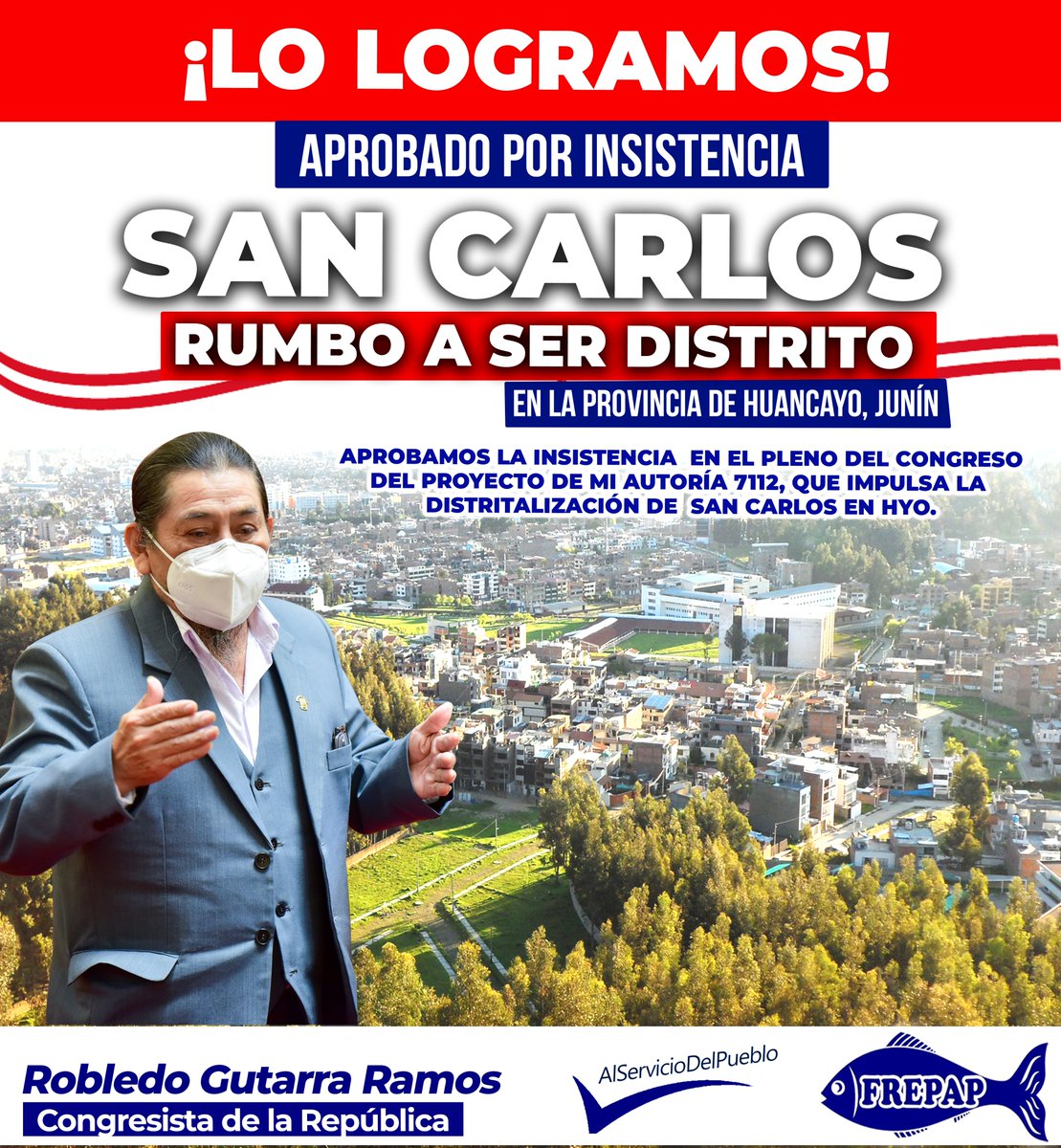 RobledoGutarra's tweet photo. Un logro para Huancayo. Aprobamos con 99 votos a favor la insistencia del proyecto de mi autoría que impulsa la DISTRITALIZACIÓN de San Carlos, en la provincia de Hyo, Junín.Sangani en selva, San Carlos y La Punta en sierra, serán los próximos distritos que generarán desarrollo. https://t.co/iKcvZ4n0dJ