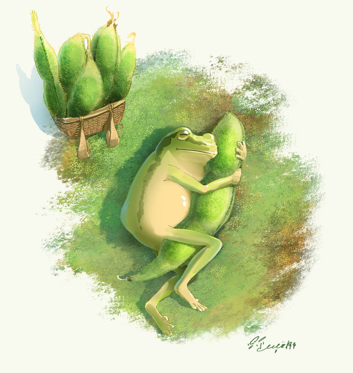 frog no humans lying signature hug grass animal  illustration images