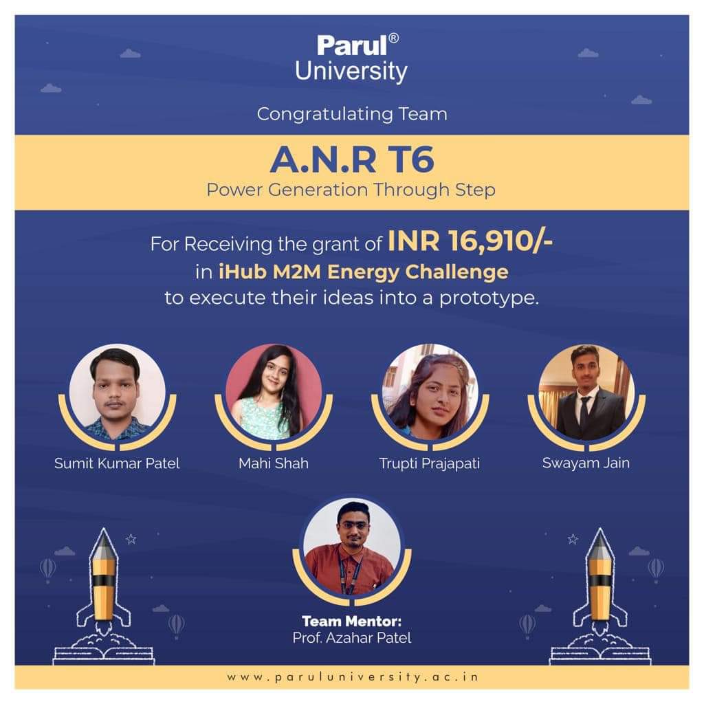 I_DharmeshPatel's tweet photo. Congratulations to student teams for winning GUVNL’s Energy Innovation Challenge organized by iHub Gujarat under the aegis of Government of Gujarat. All the students have been given grants to develop their prototype. EDC cell at PU.#ParulUniversity #iHub #startupindia #innovation https://t.co/hPel5M4TVX