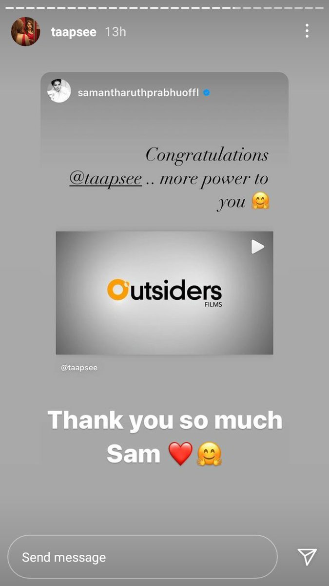 Congrats @taapsee ma’am for your new venture, #OutsidersFilms, on behalf of @Samanthaprabhu2 fans. ❤❤

#Samantha #SamanthaAkkineni