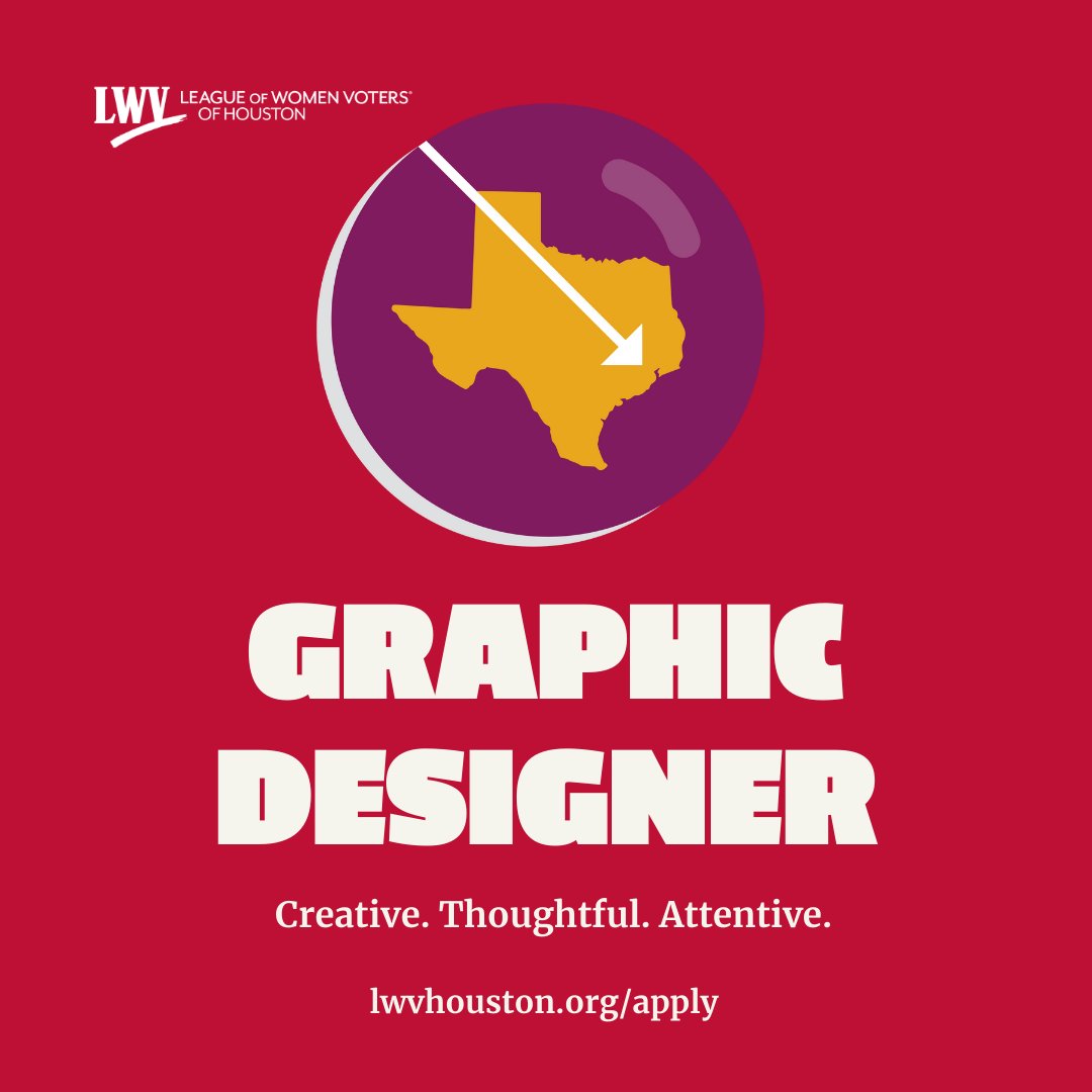 LWVHouston's tweet photo. We're looking for folks passionate about social impact, cause-driven work, and compelling design. If you're social media savvy, artistic, or a website aficionado, let us know at https://t.co/4CbOFSCEfv - we can't wait to meet you! https://t.co/5s93csIgLf