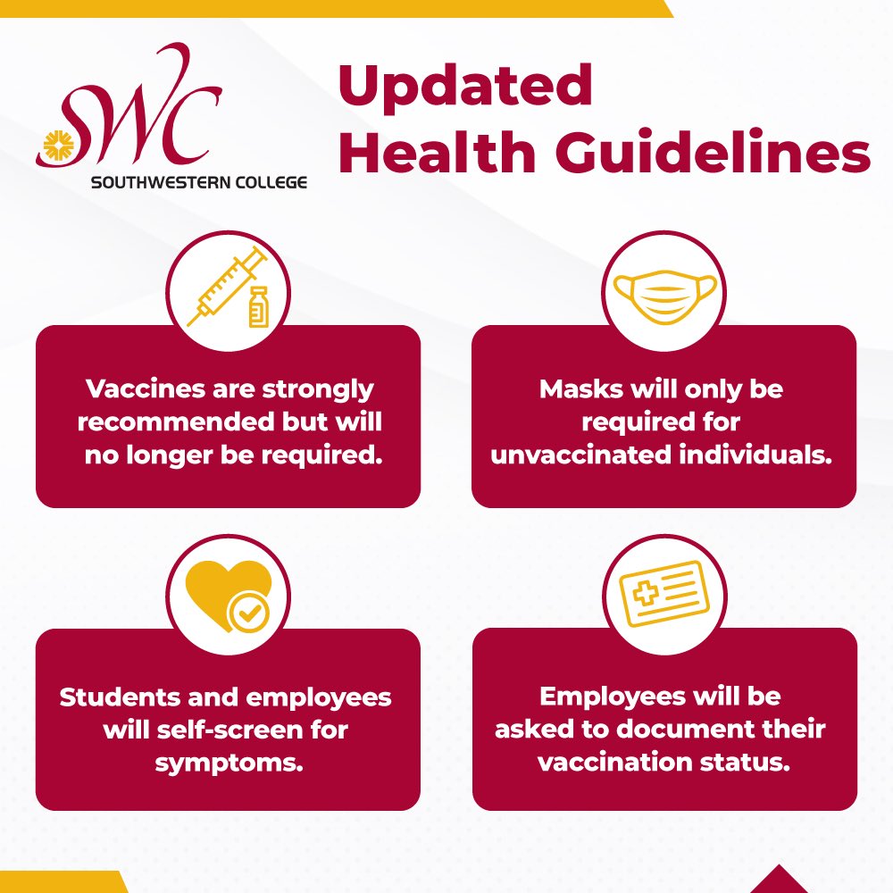 SWC_college's tweet image. Starting August, we will begin our phased reopening of our campuses to offer in-person classes and student services. With regulations lifted and South County leading the way in vaccination rates, we have updated our health guidelines starting today. swccd.edu/swcreturns