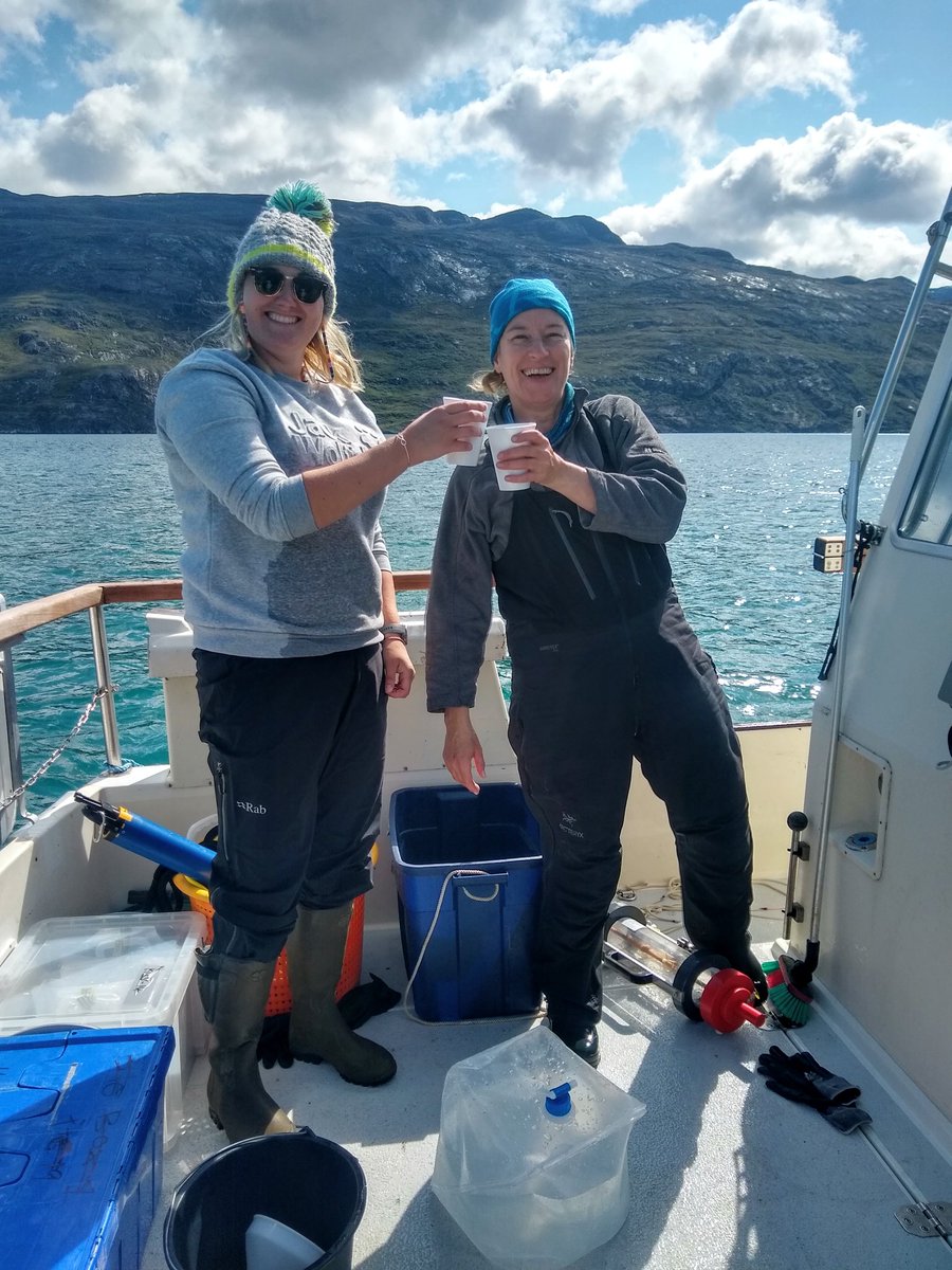 Burson_AM's tweet photo. First fjord day of #PhytoFA complete! Big thanks to my hard working team, @Suz_McG  &amp; @lucyrroberts seen here enjoying a well earned cup of coffee after Van Dorn-ing up 100s of litres of fjord water! https://t.co/n7p61v1AMO