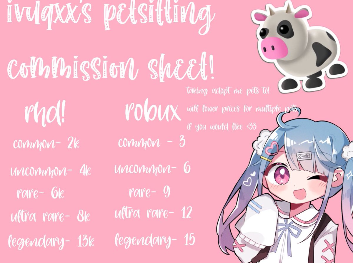 ivuqxx's tweet image. doing pet sitting in adopt me! dm me for more info! &amp;lt;33
Tags: #Adoptmepetaging #adoptmeaging #Adoptmepetsitting #Adoptmetrades #adoptme #adoptmetrading #adoptmeoffers #adoptmetraders #AdoptMePets #AdoptmeRoblox #adoptmebuying #rh #royalehigh #royalehighdiamonds #rhdiamonds