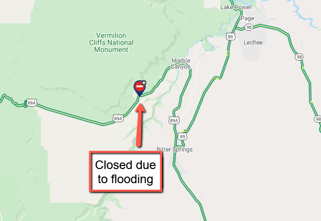 ArizonaDOT's tweet photo. *CLOSURE* *PLEASE SHARE*
US Route 89A is closed in both directions near Marble Canyon due to flooding at milepost 547.
Expect delays and seek an alternate route.
There is no estimated time to reopen the highway.
#aztraffic #US89A https://t.co/Ha1zCCiUyc