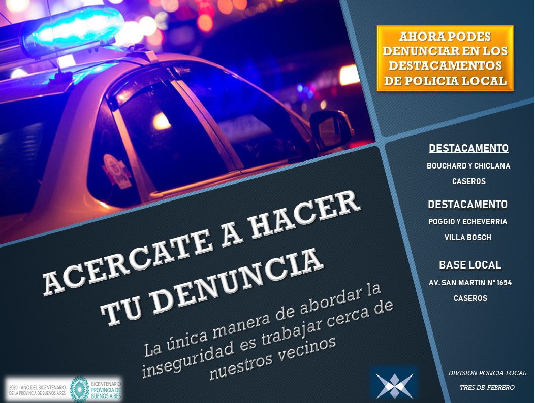 Información importante e innovación en el sistema de denuncias en Tres de Febrero a través de un gran Trabajo de La Policía Local de nuestro distrito. 

Ya esta funcionando el sistema de denuncias en los destacamentos de Bouchard, Poggio y base de la Policía Local.