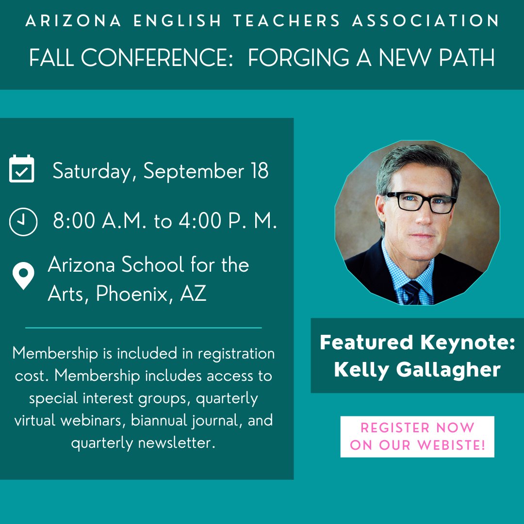 Registration is OPEN! Please go to arizonaenglishteachers.org/registration to register as soon as possible and take advantage of the lunch vouchers (available to the first 50 registrants) and the hotel block (Best Western Downtown)!