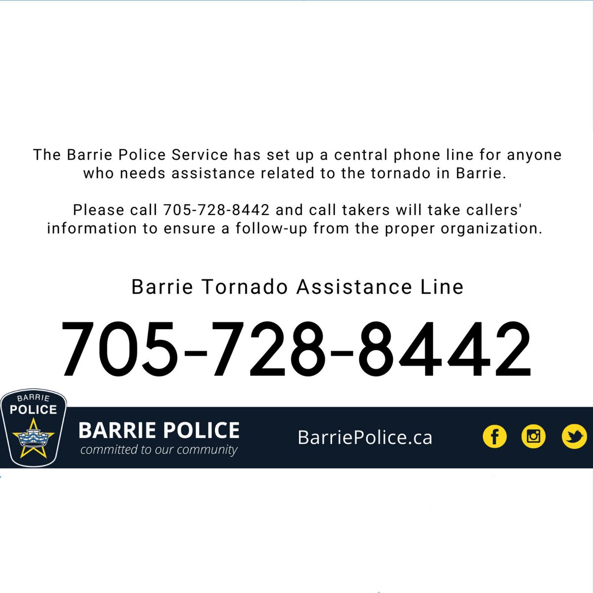 If you or someone you know need help after today's tornado in Barrie 🇨🇦 please call 705-728-8442 ❤🙏

#barrietornado #helpingothers #communitysupport #tornado #tornadohelp #barrie #barrieontario #barriehelp