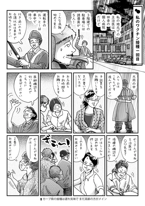 ちょっと遅くなりましたが、私のワクチン接種1回目の感想です。
漫画は私の感想であって、自治体や接種場所によって違うのかも知れませんが、SNSが出来ない高齢者や情報量の少ない方を思うと、不安が全く無いとは言い難かったです。
腕が痛かったくらいで、体調に変化はありませんでした。 