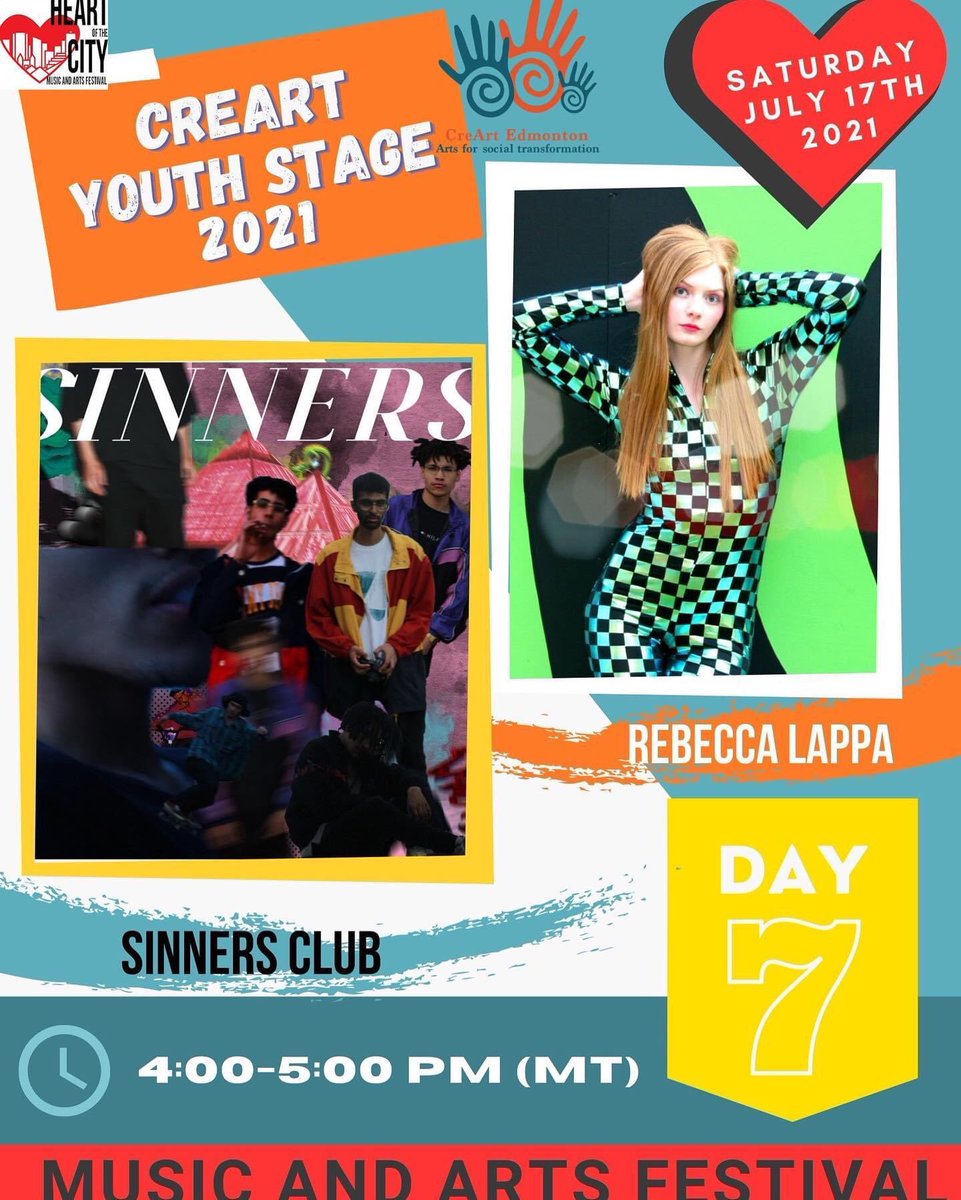 Coming up this Saturday at 4pm mountain time: day seven of the <a href="/heartcityfest/">Heart of the City</a> CreArt Youth Stage! Watch <a href="/rebecca_lappa/">Rebecca Lappa</a> and Sinners Club perform live on our Facebook page! facebook.com/creart.edmonton #HeartCityFest #CreArt #yegmusic